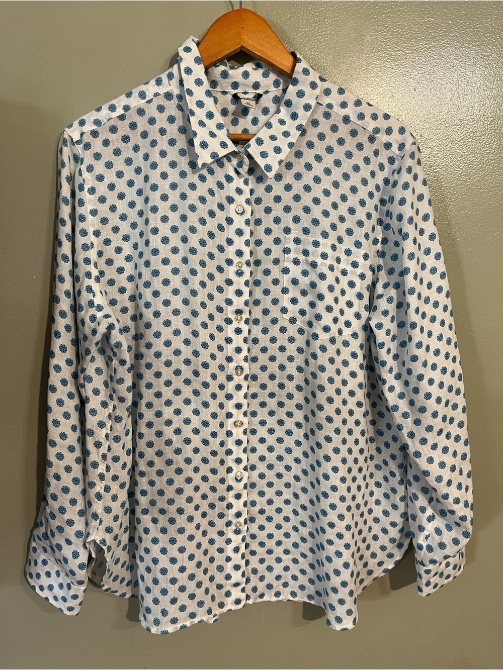 LL Bean Blue Dot Print Women’s Button-Up Shirt 100% Linen Coastal XL